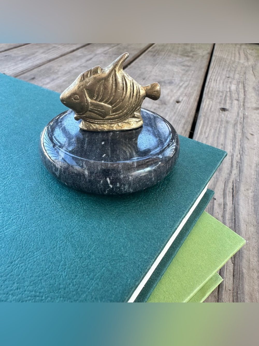 Brass Fish Paper Weight Stone Marble Base Figurine Vintage